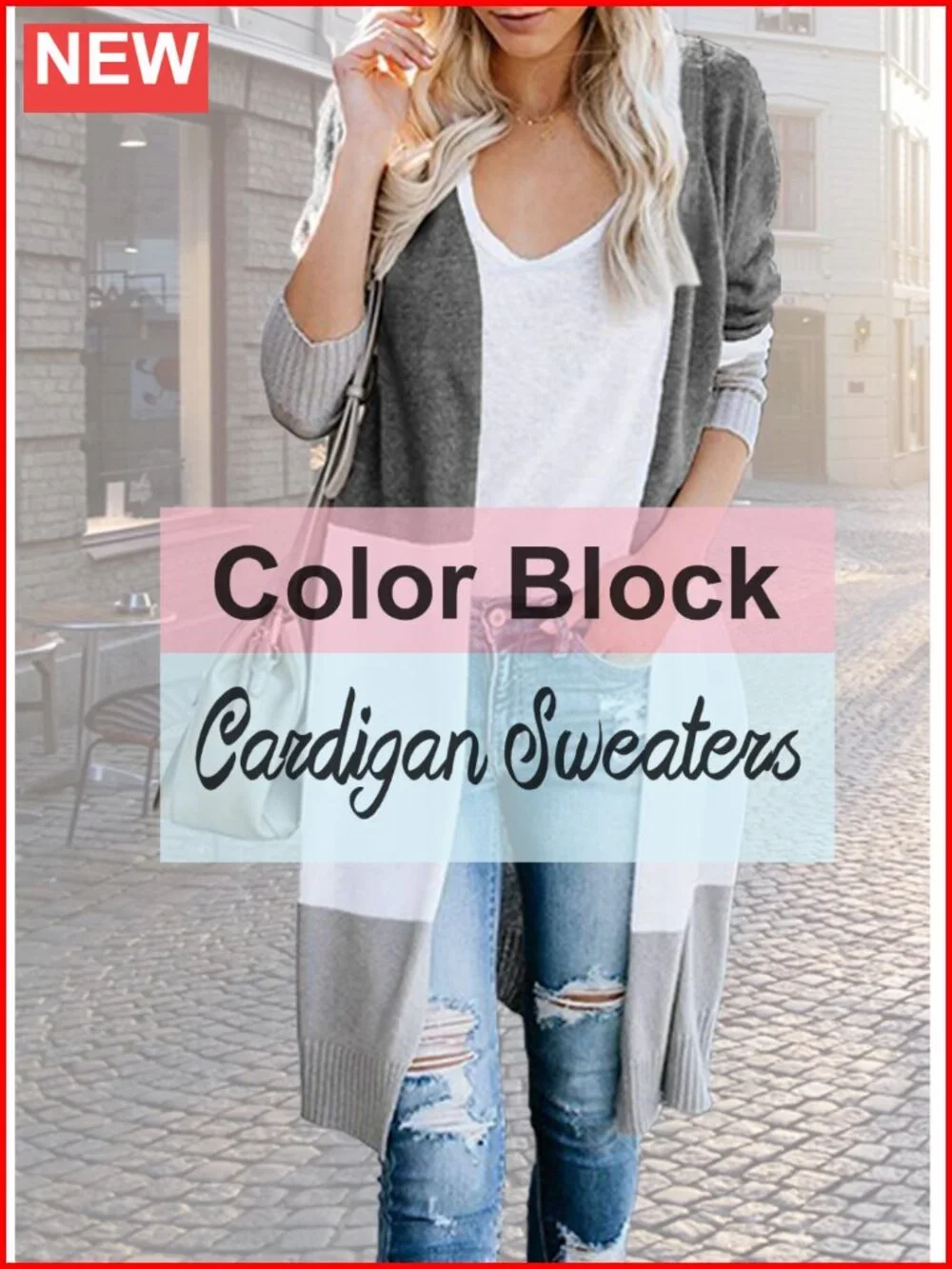 Women's Long Color Block Open Front Cardigan Sweater Knee Length Loose Fit